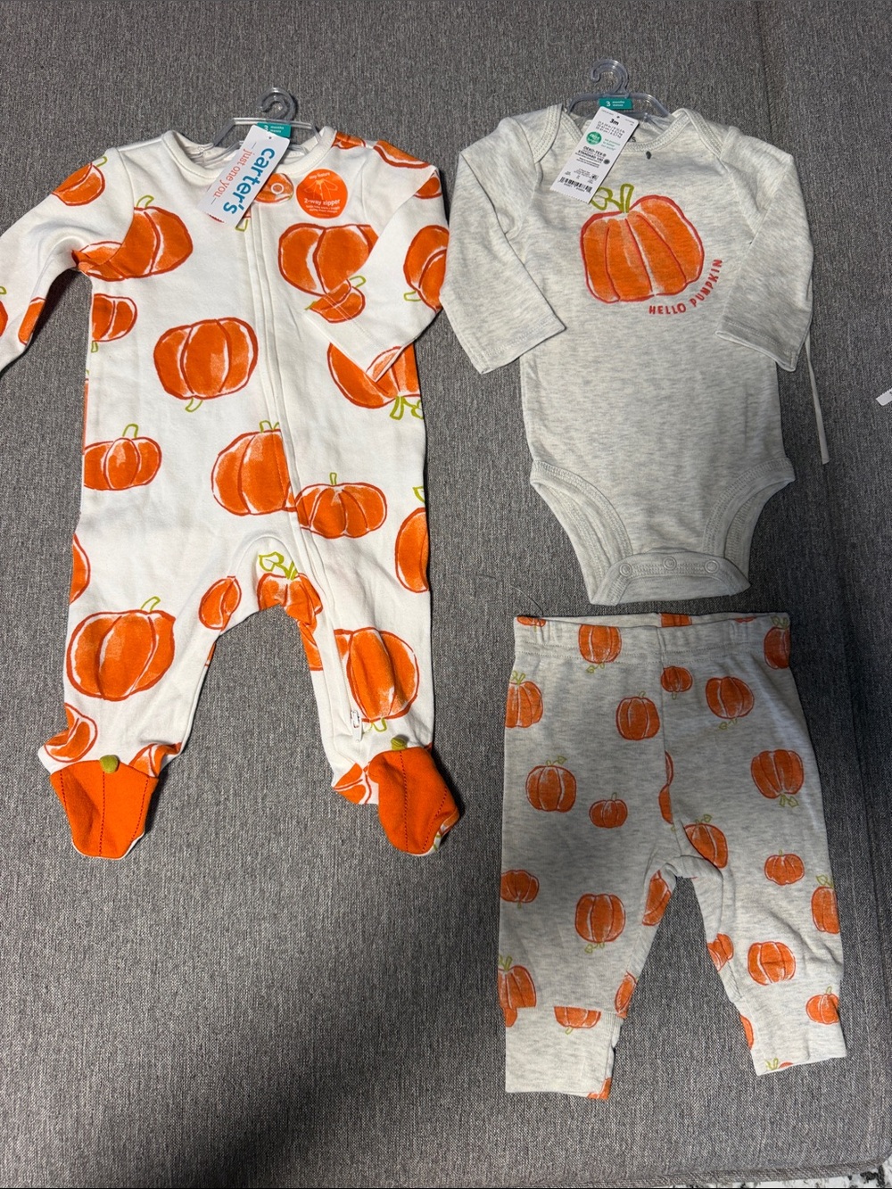 Carter's Pumpkin Print Organic Cotton Footie & Bodysuit Set - Orange & Gray